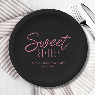 Modern Sweet Sixteen Black Pink Girls 16th party Paper Plate