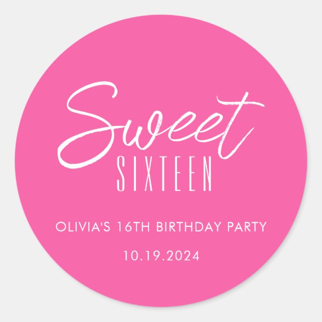 Modern Sweet Sixteen hot pink girls 16th birthday Classic Round Sticker (Front)