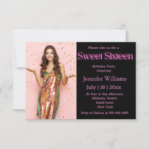 modern sweet sixteen pink neon script photo black  invitation