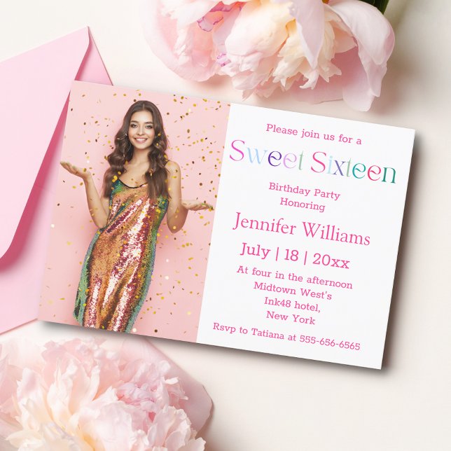 modern sweet sixteen pink typography stylish photo invitation (Creator Uploaded)