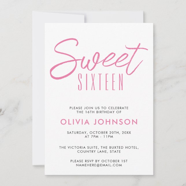 Modern Sweet Sixteen Pink & White Invitation (Front)