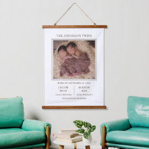 Modern Sweet Twins Photo Birth Announcement Hanging Tapestry