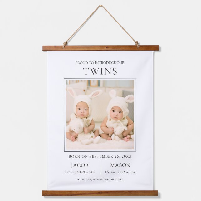 Modern Sweet Twins Photo Birth Announcement Hanging Tapestry (Front)
