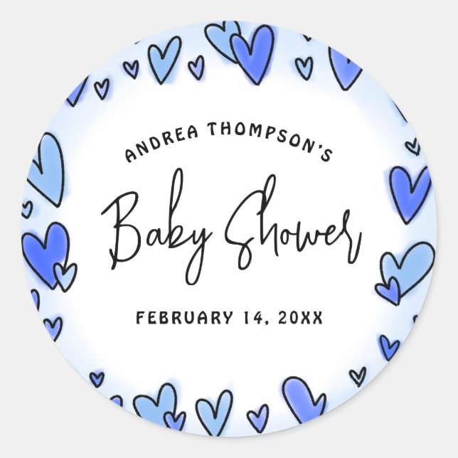 Modern Sweet Valentine Blue Hearts Baby Shower Classic Round Sticker (Front)