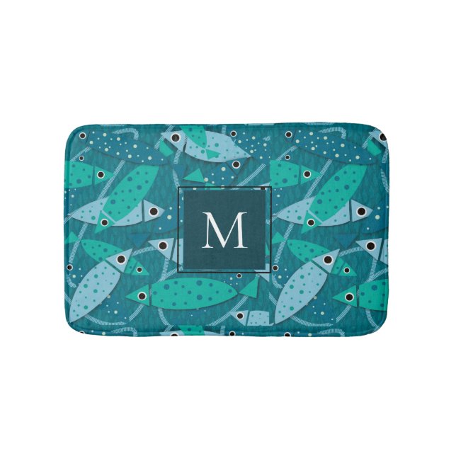 Modern Swimming Fish Pattern Monogram Bath Mat (Front)