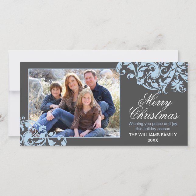 Modern Swirl Flourish Christmas Grey and Blue Holiday Card (Front)