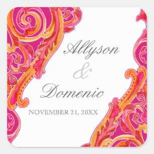 Modern Swirl Flourish Heart Tangerine Hot Pink Square Sticker