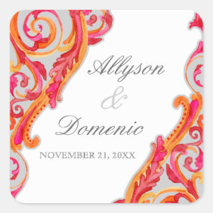 Modern Swirl Flourish Heart Tangerine Hot Pink Square Sticker