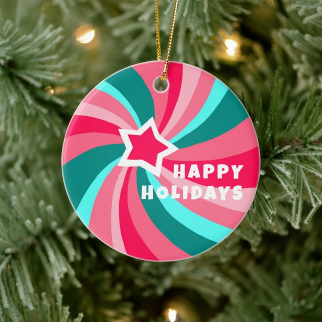 Modern Swirl HAPPY HOLIDAYS CUSTOM Green Pink Ceramic Tree Decoration (Tree)
