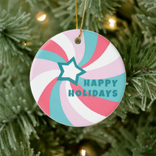 Modern Swirl HAPPY HOLIDAYS CUSTOM Green Pink Ceramic Tree Decoration