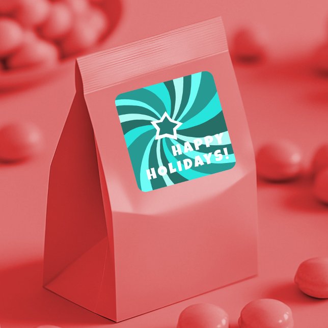 Modern Swirl HAPPY HOLIDAYS CUSTOM Green Square Sticker (Modern Swirl HAPPY HOLIDAYS CUSTOM Green Teal Christmas Square Sticker
)