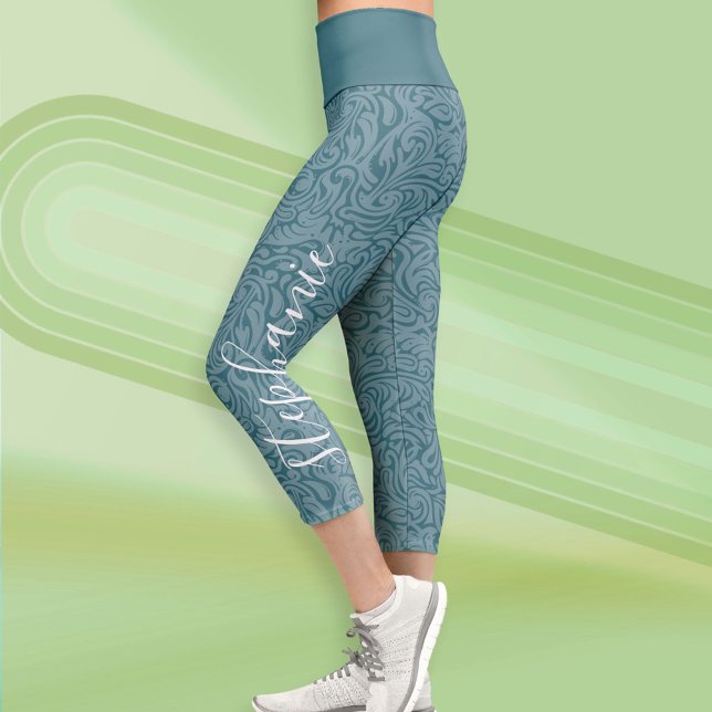 Modern swirl Pattern Script Name - deep blue Capri Leggings (Custom Leggings)