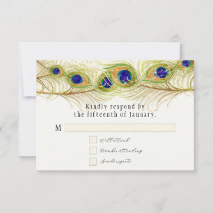 Modern Swirl Peacock Feathers Monogram Monogrammed RSVP Card
