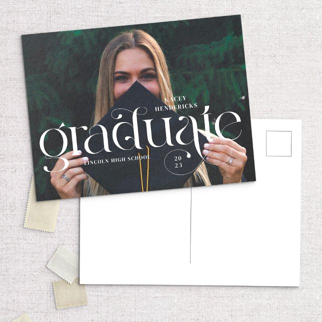 Modern Swirl Serif Photo Graduation Announcement Postcard (Creator Uploaded)