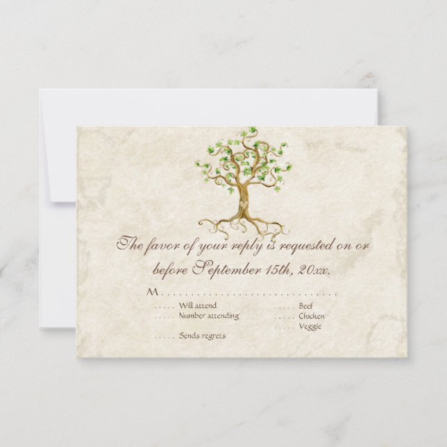 Modern Swirl Tree Roots Leaf Antique Parchment RSVP Card (Front)