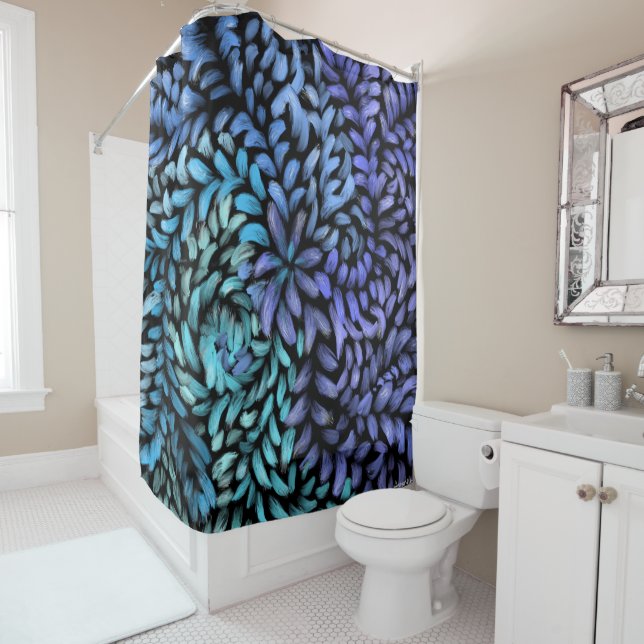 Modern swirling teal and blue petals canvas print shower curtain (In Situ)