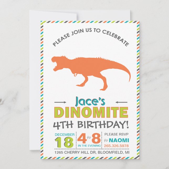 Modern T-Rex Dinosaur Orange Green Invite (Front)