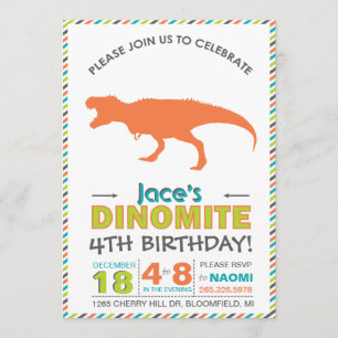 Modern T-Rex Dinosaur Orange Green Invite