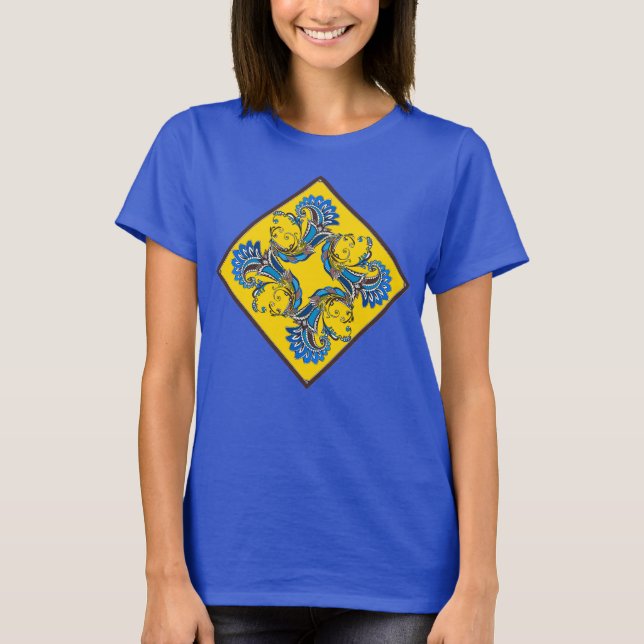 Modern T shirt with sunny blue-yellow design (Front)
