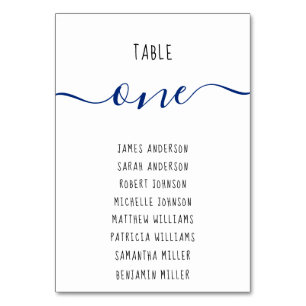 Modern Table Seating Guests Names Blue Script Table Number