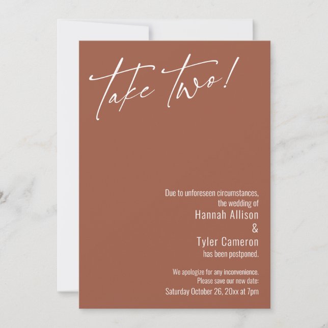 Modern Take Two! Terracotta Postponed Wedding Card (Front)