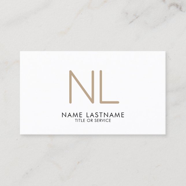 Modern Tan Beige Monogram White Minimalist Stylish Business Card (Front)