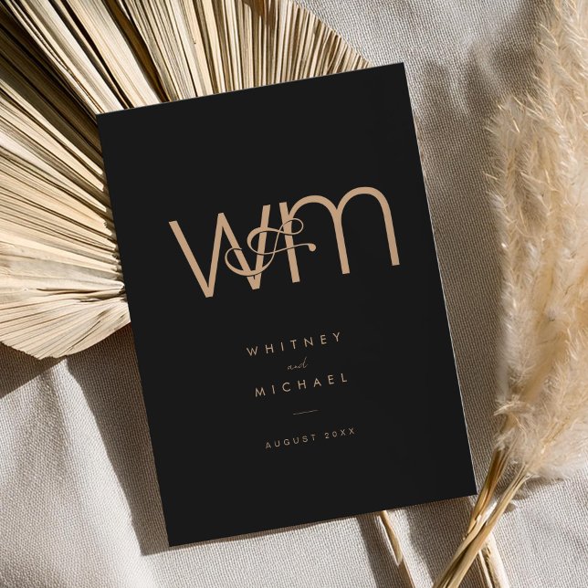 Modern Tan Black Minimal Monogram Wedding Invitation (Creator Uploaded)