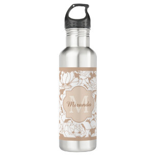 Modern Tan Floral Girly Monogram With Name 710 Ml Water Bottle