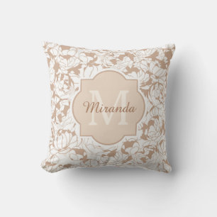 Modern Tan Floral Girly Monogram With Name Cushion