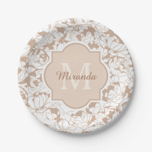 Modern Tan Floral Girly Monogram With Name Paper Plate