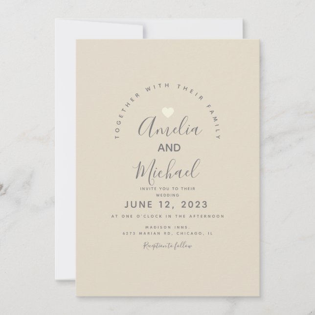 Modern Tan Grey Simple Heart Wedding Invitation (Front)