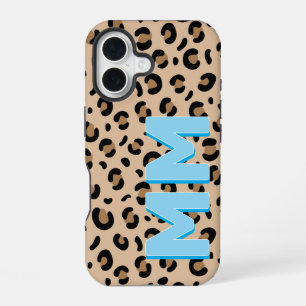 Modern Tan Leopard Print Blue Shadow Monogram iPhone 16 Case