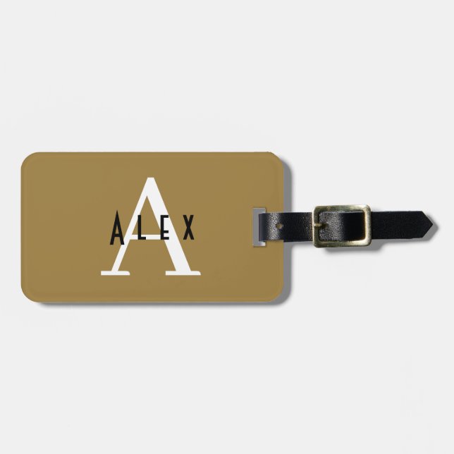 Modern Tan Monogram Name + Initial Luggage Tag (Front Horizontal)