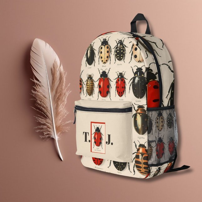 Modern Tan Red Custom Monogram Beetle Bug Pattern Printed Backpack (Creator Uploaded)