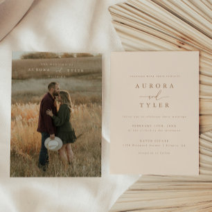 Modern Tan Script Wedding Photo Invitation