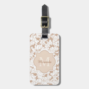 Modern Tan White Floral Girly Monogram With Name Luggage Tag