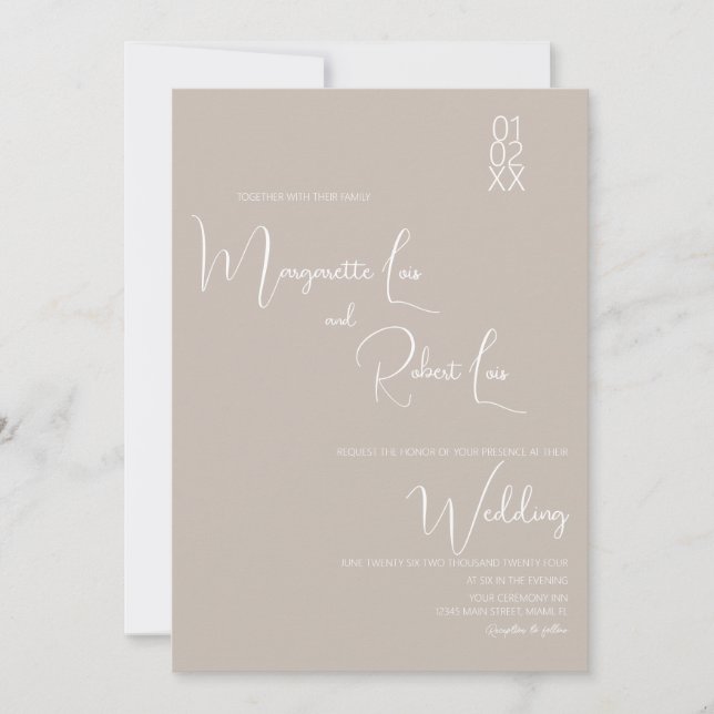 Modern Tan White Ribbon Script Wedding  Invitation (Front)