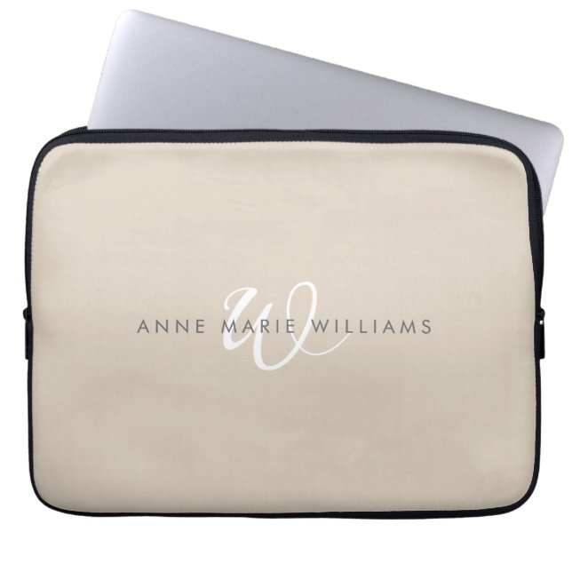 Modern Tan White Script Monogram  Laptop Sleeve (Front)