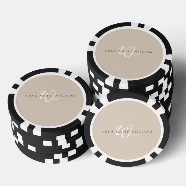 Modern Tan White Script Monogram  Poker Chips (Stack)