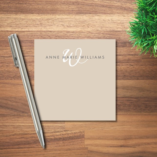 Modern Tan White Script Monogram Post-it Notes (Creator Uploaded)