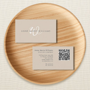 Modern Tan White Script Monogram QR Code Business Card