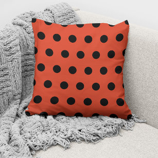 Modern Tangerine Orange Black Polka Dots Pattern Cushion
