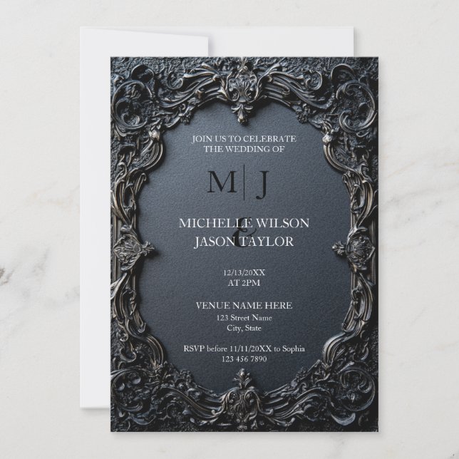 Modern Tarot Gothic Black and Gold Monogram  Invitation (Front)