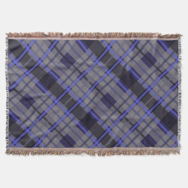 Modern Tartan Blue Grey Black Pattern Throw Blanket (Front)