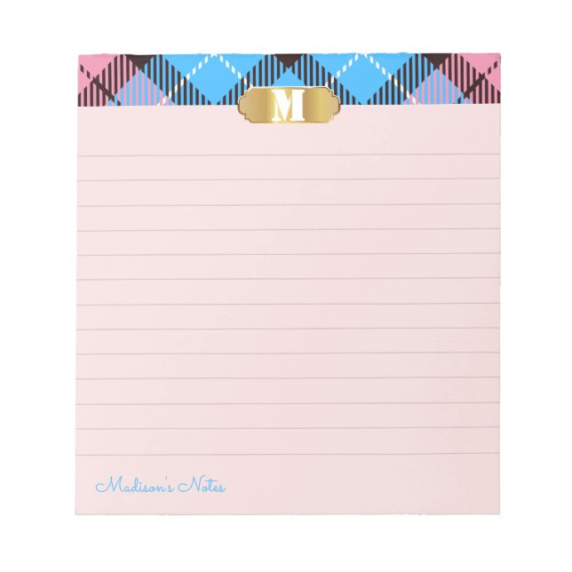 Modern Tartan Golden Monogram Script Apricot Lined Notepad (Front)