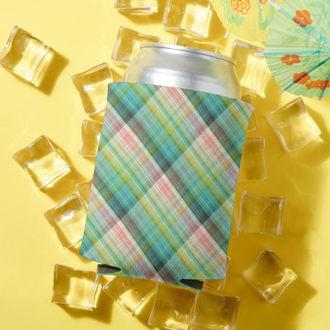 Modern Tartan Green Tan Plaid Can Cooler (In Situ Summer)