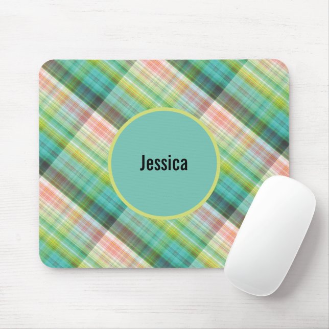 Modern Tartan Green Tan Plaid Monogram Mouse Pad (With Mouse)