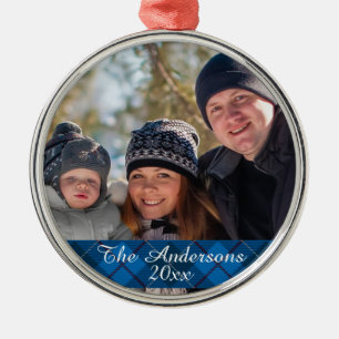 Modern Tartan Plaid Custom Family Photo Silver Metal Tree Decoration