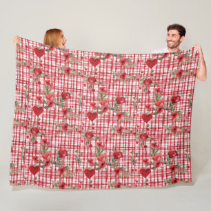 Modern Tartan Red Floral Pattern Fleece Blanket