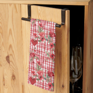 Modern Tartan Red Floral Pattern   Tea Towel